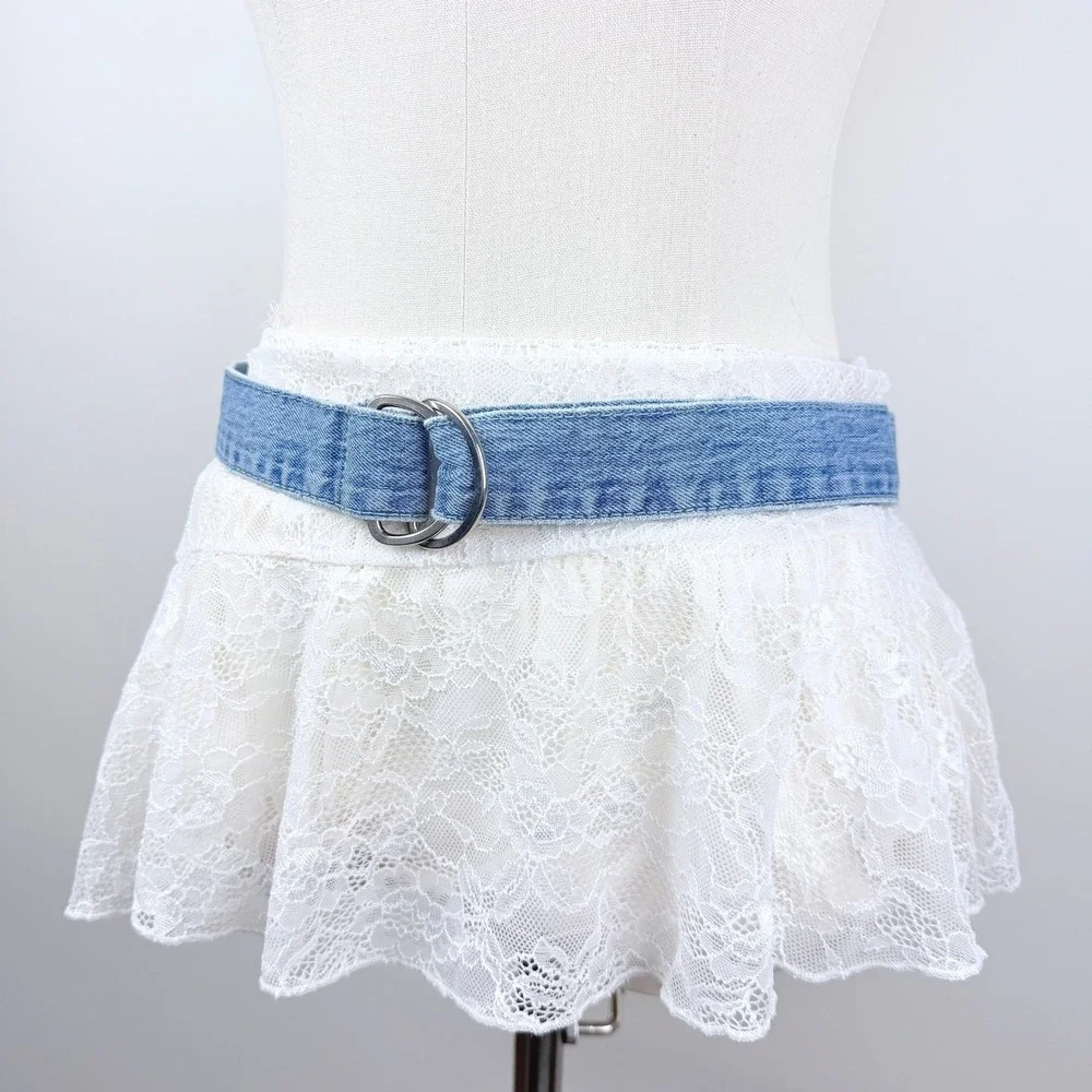 Y2K Denim Belt Womens S Blue Double Circle‎ Buckle Metal Vintage 41in